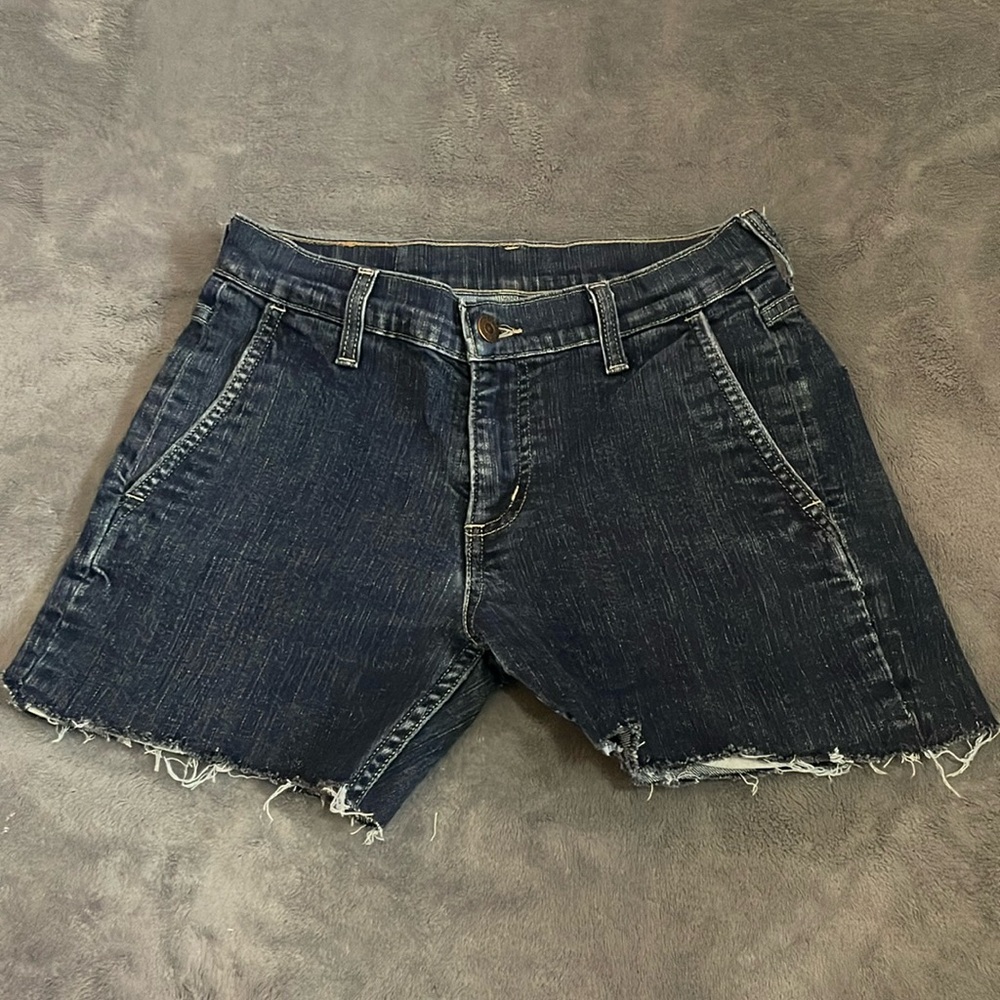 dark wash levi’s 511 jeans cut to shorts